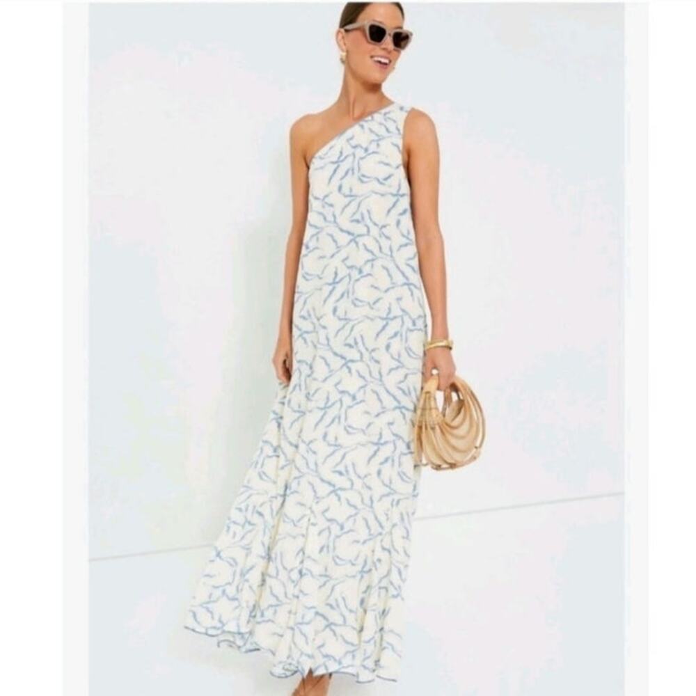 Tuckernuck Hyacinth House Cream Blue Coral Dress One Shoulder Dress RARE EUC XL